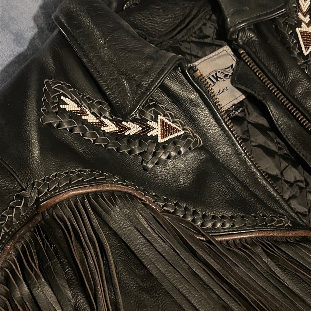Vintage Unik Black Leather Jacket with Fringe, Beads & Braiding - Picture 3 of 16